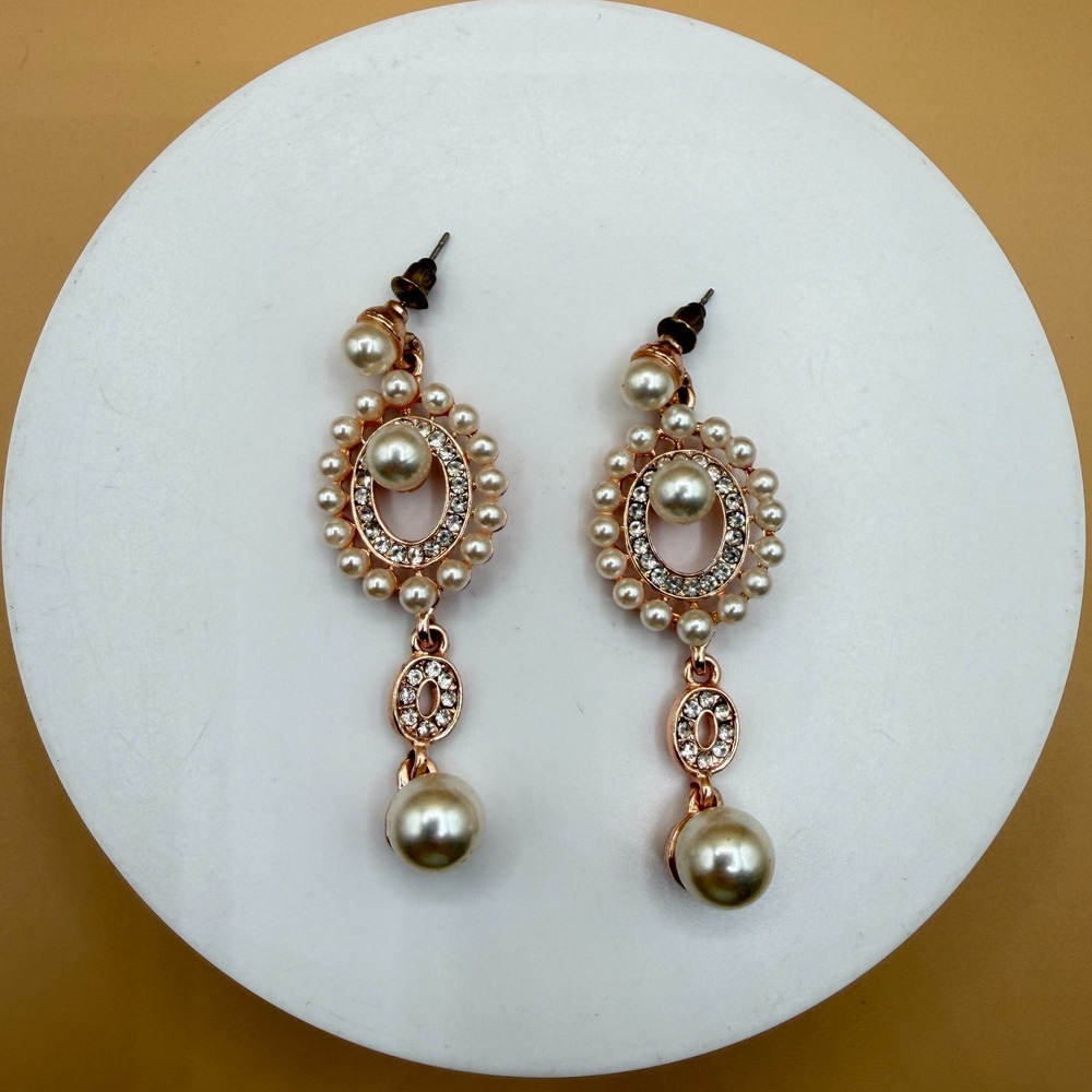 Faux Pearl Rhinestone Rose Gold Tone Dangle Earrings Coquette Bridal Statement